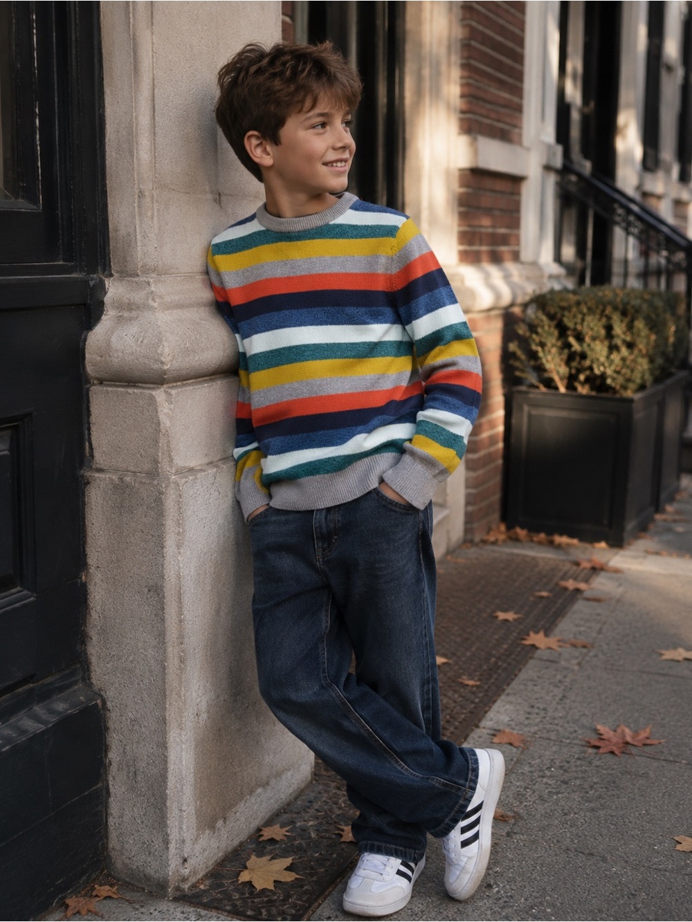 GAP Rainbow Stripe Crewneck Sweater with Gray Trim
